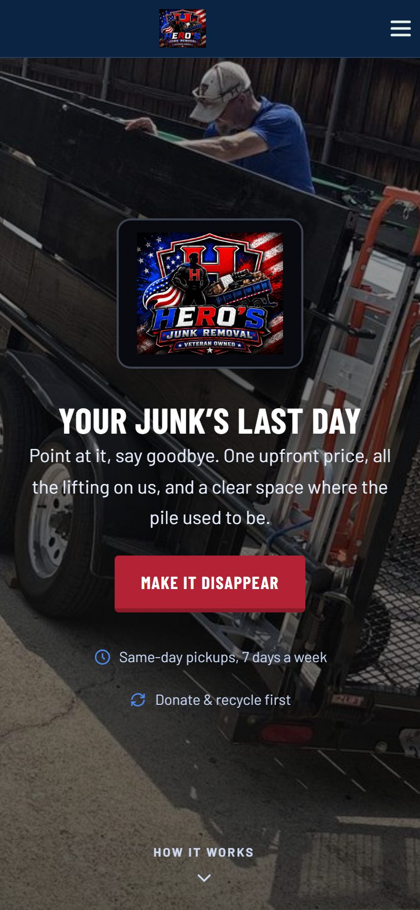 The Hero's Junk Removal site on a phone, showing the hero and the main call to action